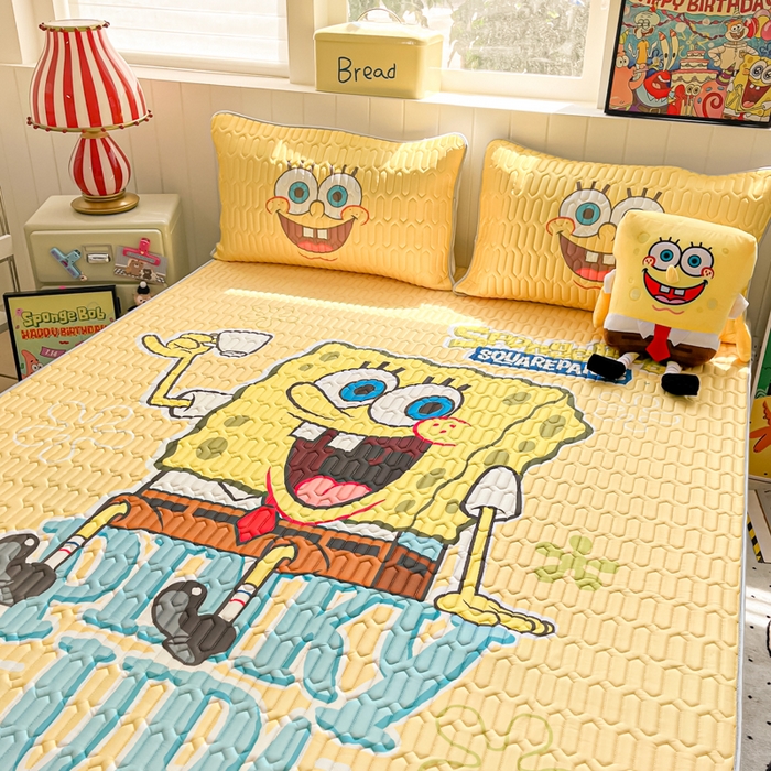 91家纺网 家纺一手货源 找家纺 金爱家 2025新款海绵宝宝乳胶凉席床席款凉席席子 床席款-咖啡海绵宝宝