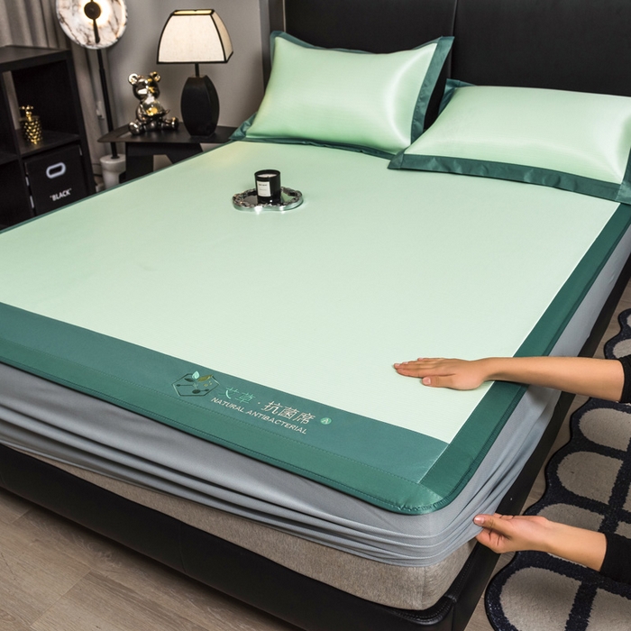 91家纺网 家纺一手货源 找家纺 全季家居 2025新款5A加厚加密艾草碳光席冰丝席 床笠-水绿