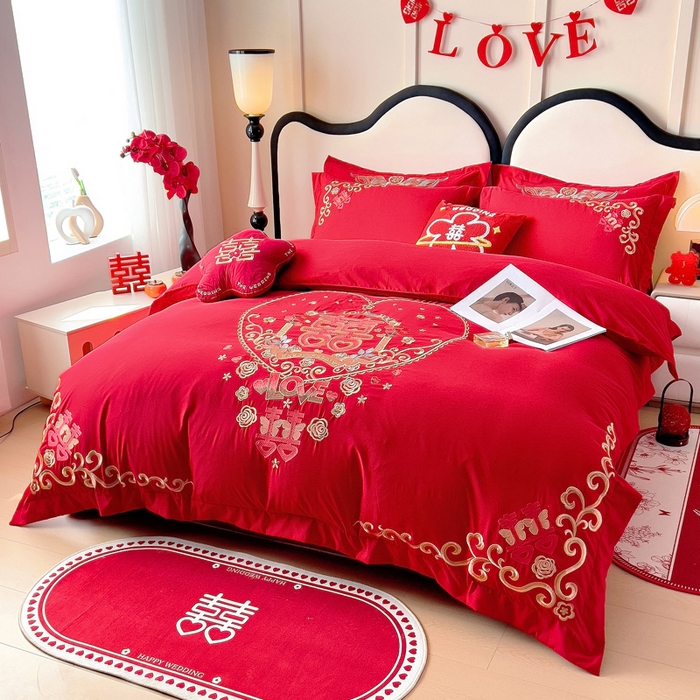 91家纺网 家纺一手货源 找家纺 2025新款100支150克双面长绒棉婚庆绣花四件套 喜韵佳缘