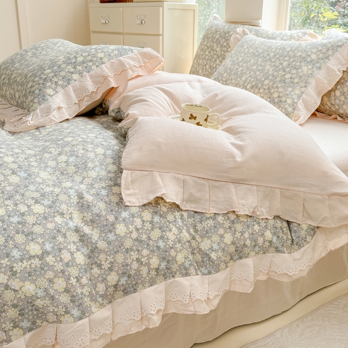 91家纺网 家纺一手货源 找家纺 晨晨家纺2025新款全棉双层花边双层纱四件套 韩式清新-灰