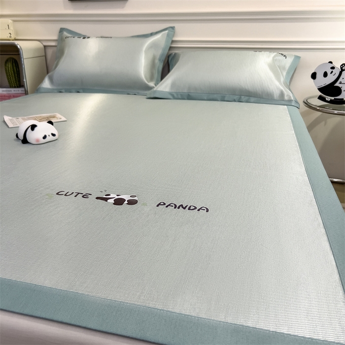 91家纺网 家纺一手货源 找家纺 星座家纺 2025新款600D熊猫烫画冰丝凉席三件套 清凉绿