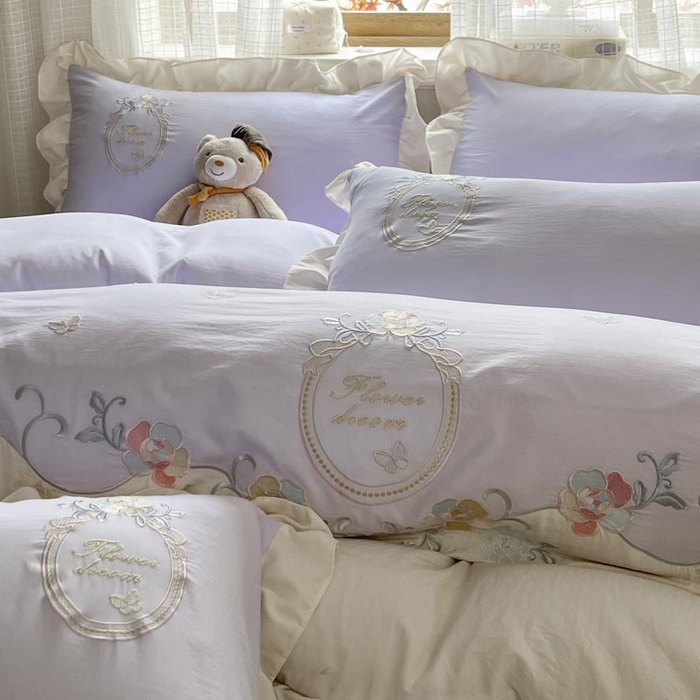 91家纺网 家纺一手货源 找家纺 ab家纺2025新款全棉水洗棉绣花四件套-夏莉儿 夏莉儿-香芋紫