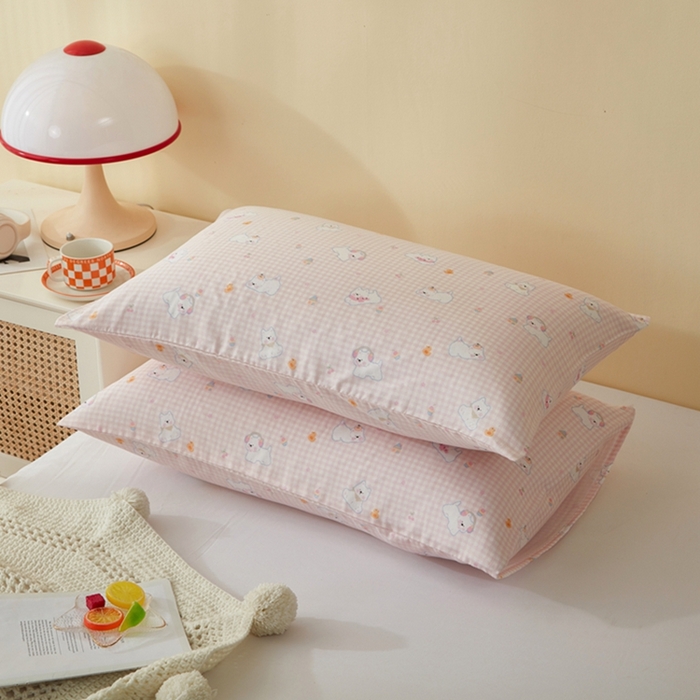 91家纺网 家纺一手货源 找家纺 2025款A类母婴级全棉双层纱枕套_4032 格子狗粉