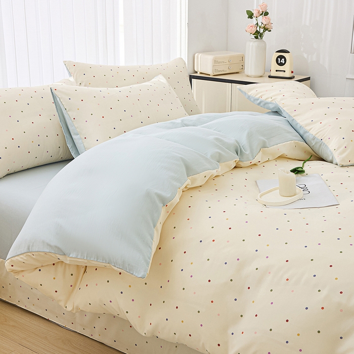 91家纺网 家纺一手货源 找家纺 蕾诺家纺 2025新款直播新款A类有氧提花云纱棉圆角吊边工艺四件套学生三件套 绿波点