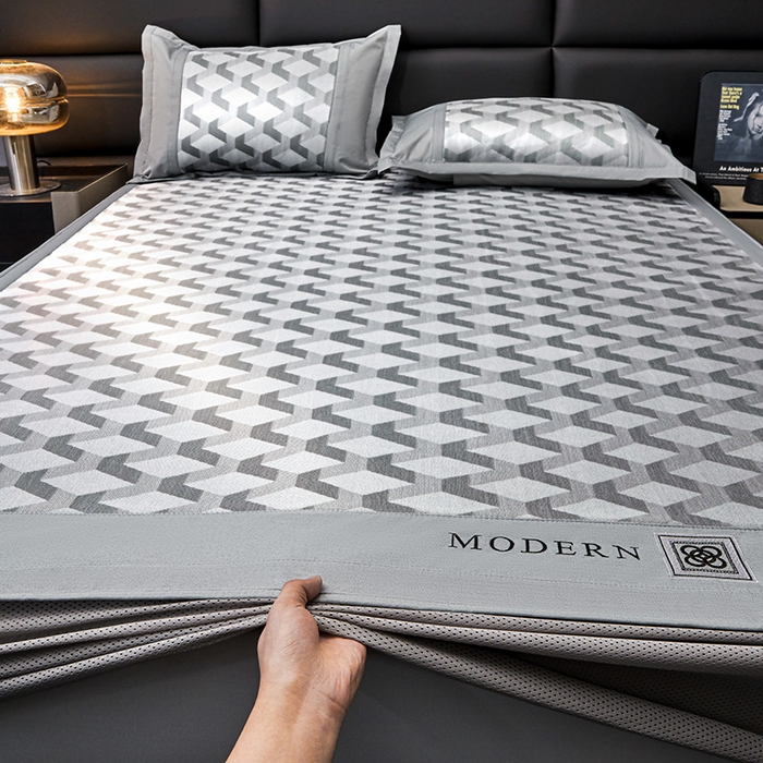 91家纺网 家纺一手货源 找家纺 全季家居 2025新款5A抗菌3D立体冰柔凉感冰丝席 菱形-银灰 床笠款