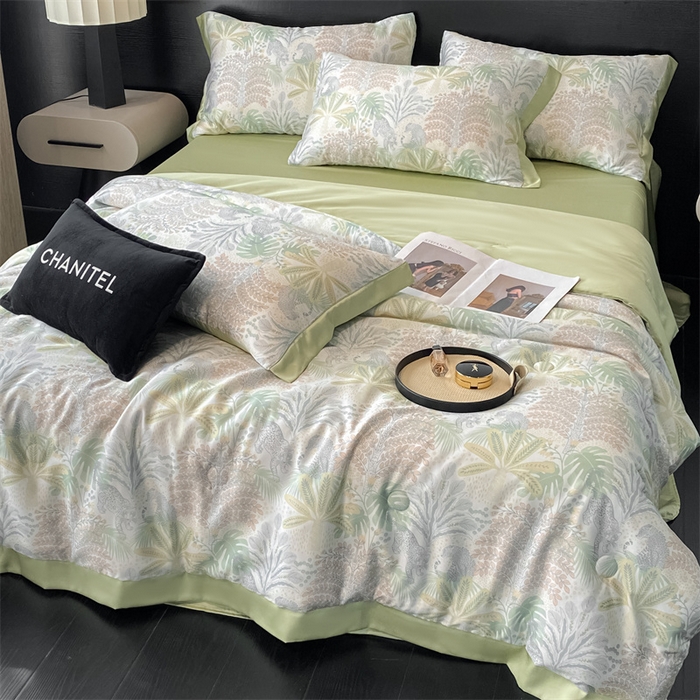 91家纺网 家纺一手货源 找家纺 本制 2025新款水洗真丝印花夏被夏凉被空调被 蔓叶森语+抺茶绿