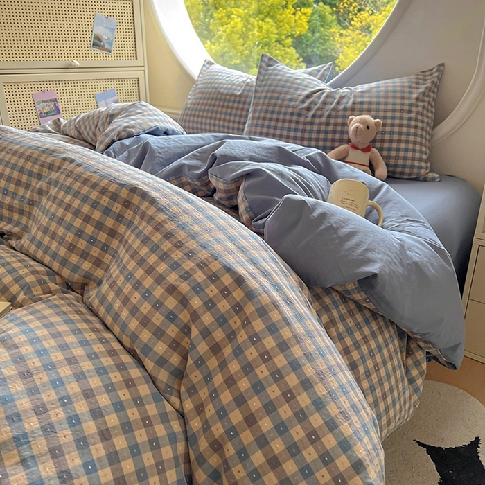 91家纺网 家纺一手货源 找家纺 田野 2025新款全棉水洗棉提花点点系列四件套 点点-深蓝