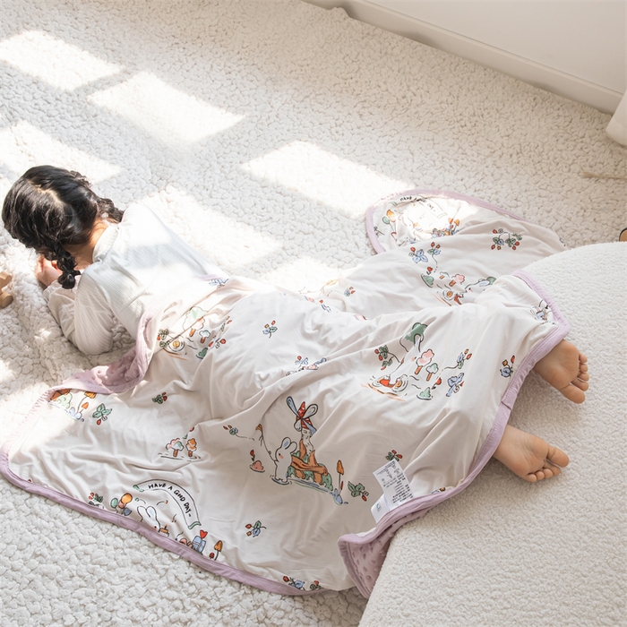 91家纺网 家纺一手货源 找家纺 艾佳宝贝 2025新款A类针织豆豆儿童多功能宿舍午睡安抚盖毯 兔兔的生日-盖毯