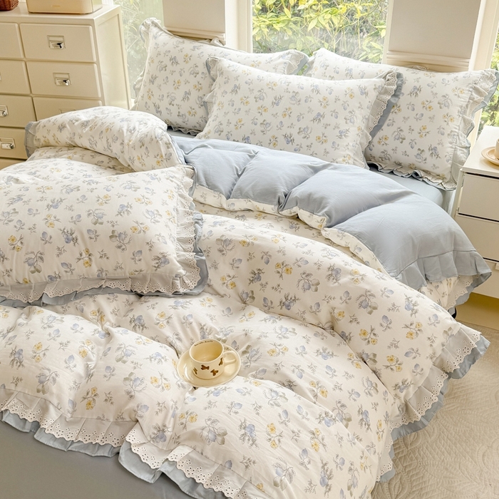 91家纺网 家纺一手货源 找家纺 晨晨家纺2025新款全棉双层花边双层纱四件套 伊甸园之梦-蓝