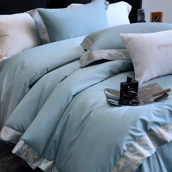 91家纺网 家纺一手货源 找家纺 馨蕊家居 2025新款100s高奢典藏简约全棉系列四件套-棉水漾 水漾-北卡蓝