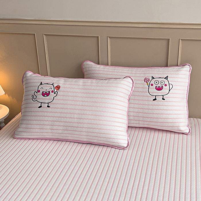 91家纺网 家纺一手货源 找家纺 炫拼  2025新款A类凉豆豆提花条纹卡通刺绣床笠席三件套 小怪兽糖糖