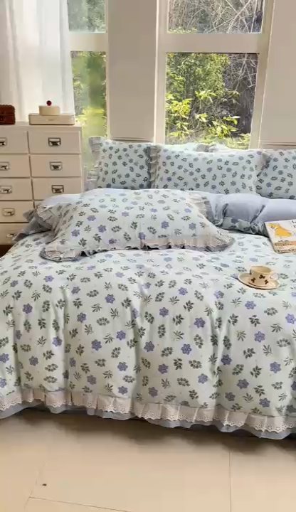 91家纺网 家纺一手货源 找家纺 晨晨家纺2025新款全棉双层花边双层纱四件套 浅浅花漾