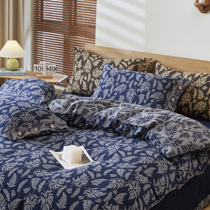 91家纺网 家纺一手货源 找家纺 2025新款全棉色织双层纱纽扣款四件套 扶苏-深兰