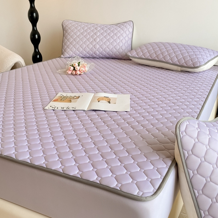 91家纺网 家纺一手货源 找家纺 2025新款加厚乳胶床笠款经典纯色夏被套件 方格-浅紫