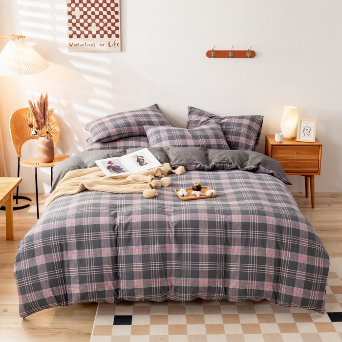 91家纺网 家纺一手货源 找家纺 2025新款A类色织水洗棉单被套 灰粉格