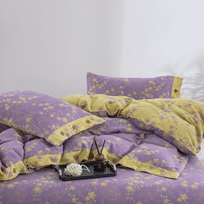 91家纺网 家纺一手货源 找家纺 2025新款全棉色织双层纱纽扣款四件套 织梦-浅紫