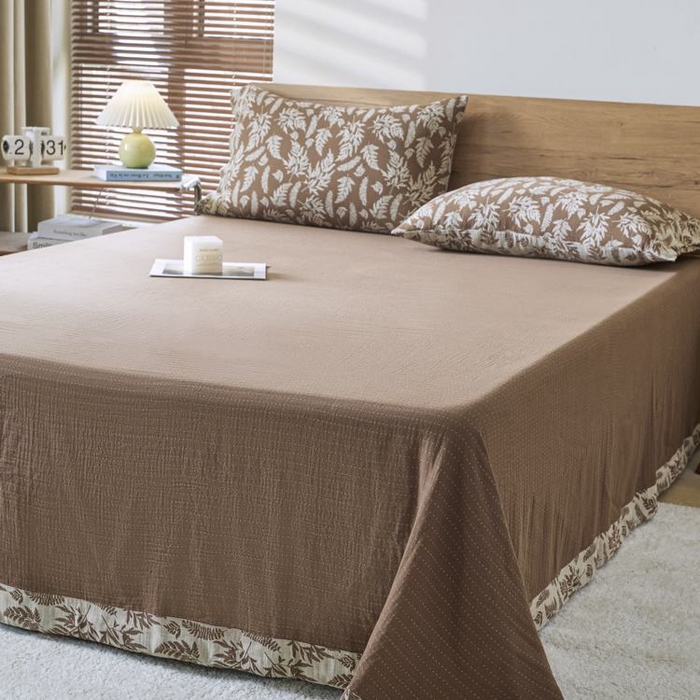 91家纺网 家纺一手货源 找家纺 2025新款全棉色织双层纱纽扣款四件套 扶苏-浅咖