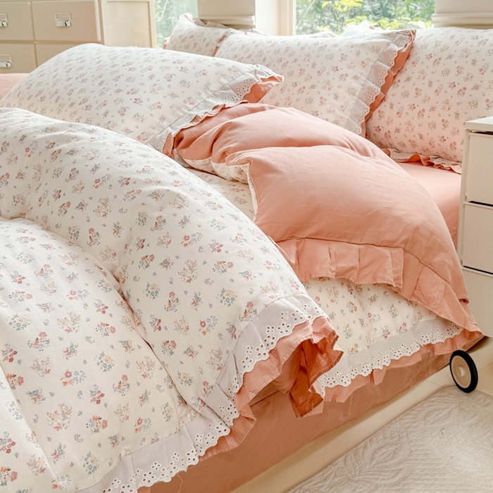 91家纺网 家纺一手货源 找家纺 晨晨家纺2025新款全棉双层花边双层纱四件套 七里香