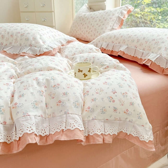 91家纺网 家纺一手货源 找家纺 晨晨家纺2025新款全棉双层花边双层纱四件套 七里香