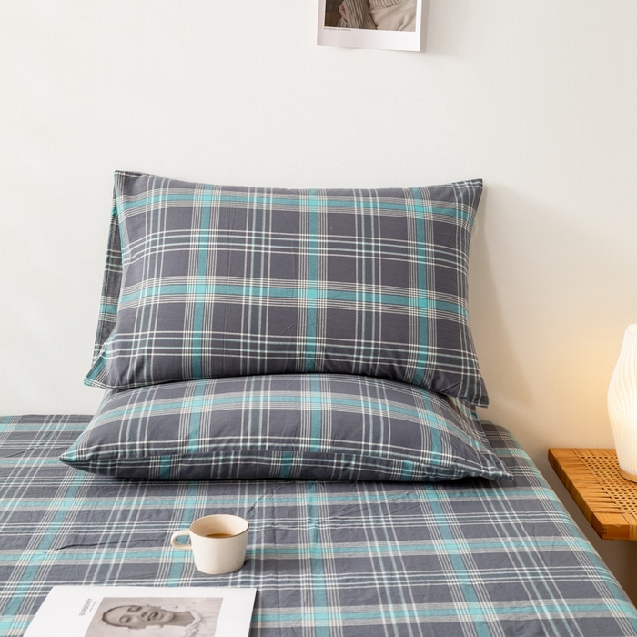 91家纺网 家纺一手货源 找家纺 2025新款A类色织水洗棉单被套 灰绿格