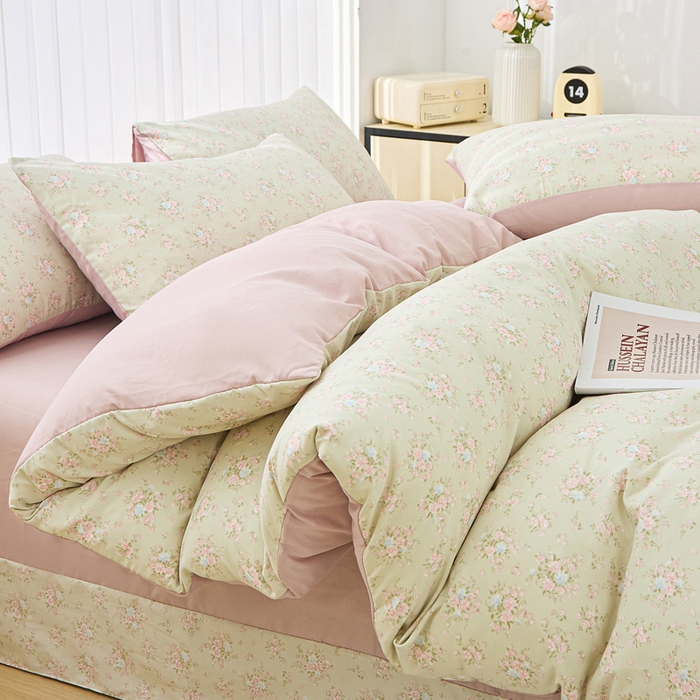 91家纺网 家纺一手货源 找家纺 蕾诺家纺 2025新款直播新款A类有氧提花云纱棉圆角吊边工艺四件套学生三件套 陌上花开