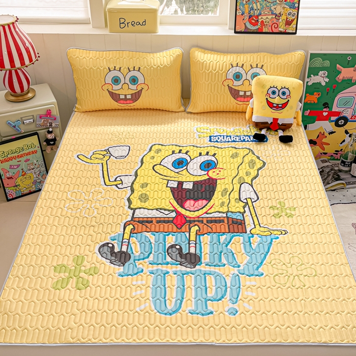 91家纺网 家纺一手货源 找家纺 金爱家 2025新款海绵宝宝乳胶凉席床席款凉席席子 床席款-咖啡海绵宝宝