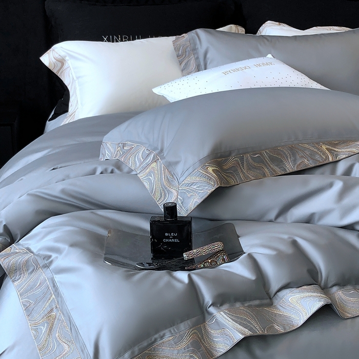 91家纺网 家纺一手货源 找家纺 馨蕊家居 2025新款100s高奢典藏简约全棉系列四件套-棉水漾 水漾-高级灰