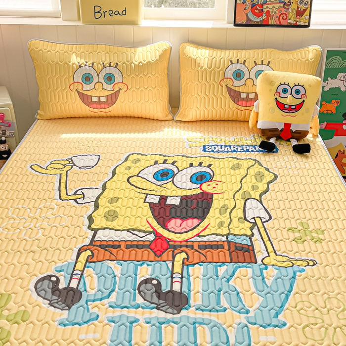 91家纺网 家纺一手货源 找家纺 金爱家 2025新款海绵宝宝乳胶凉席床席款凉席席子 床席款-咖啡海绵宝宝