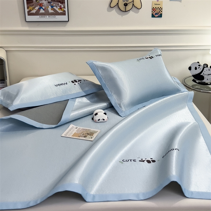 91家纺网 家纺一手货源 找家纺 星座家纺 2025新款600D熊猫烫画冰丝凉席三件套 清凉蓝