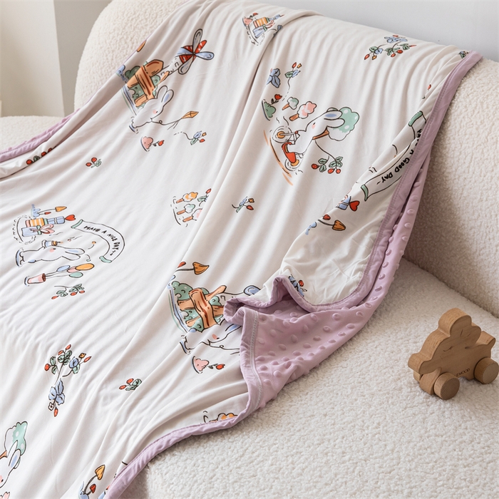 91家纺网 家纺一手货源 找家纺 艾佳宝贝 2025新款A类针织豆豆儿童多功能宿舍午睡安抚盖毯 兔兔的生日-盖毯