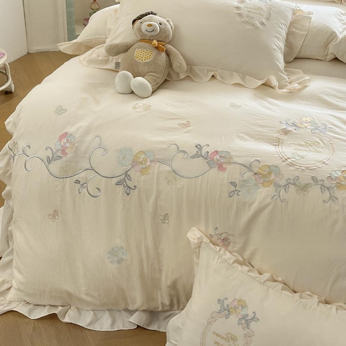 91家纺网 家纺一手货源 找家纺 ab家纺2025新款全棉水洗棉绣花四件套-夏莉儿 夏莉儿-淡奶油