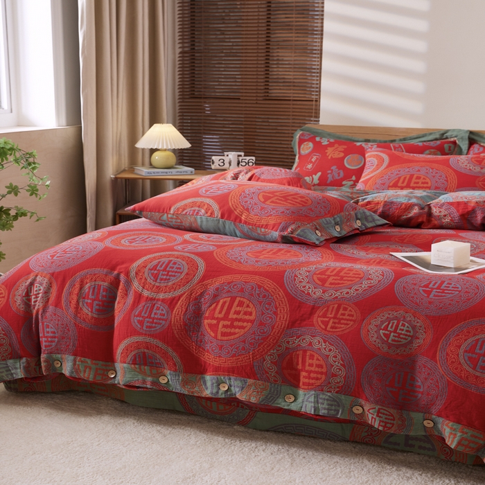 91家纺网 家纺一手货源 找家纺 2025新款全棉色织双层纱纽扣款四件套 福星高照