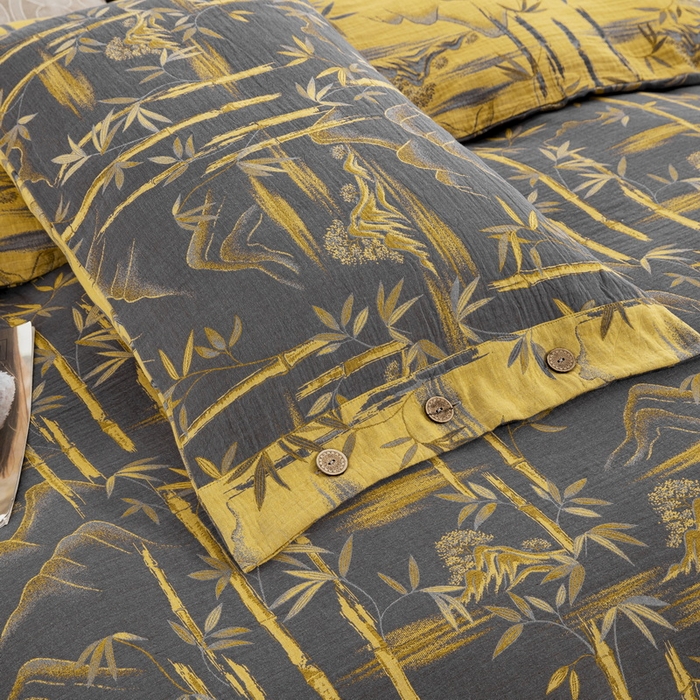 91家纺网 家纺一手货源 找家纺 2025新款全棉色织双层纱纽扣款四件套  竹报平安-黑金