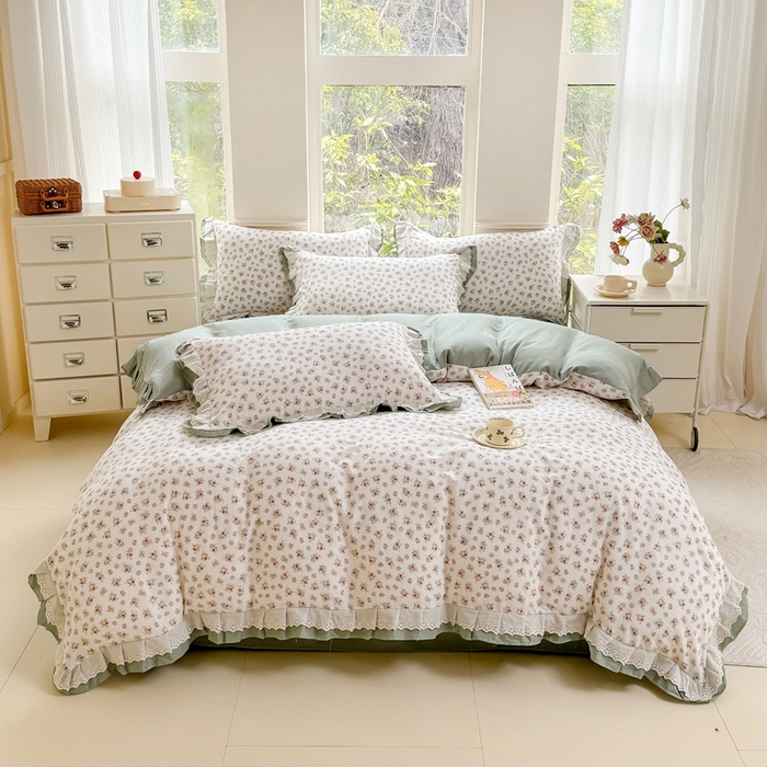 91家纺网 家纺一手货源 找家纺 晨晨家纺2025新款全棉双层花边双层纱四件套 花知晓