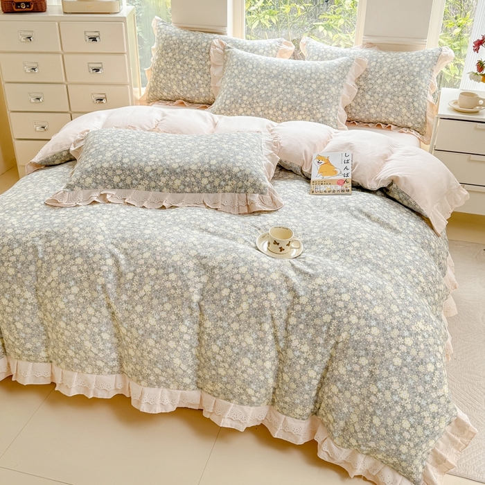 91家纺网 家纺一手货源 找家纺 晨晨家纺2025新款全棉双层花边双层纱四件套 韩式清新-灰