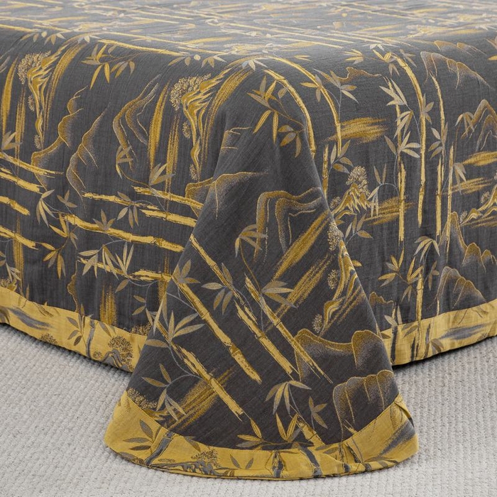 91家纺网 家纺一手货源 找家纺 2025新款全棉色织双层纱纽扣款四件套  竹报平安-黑金