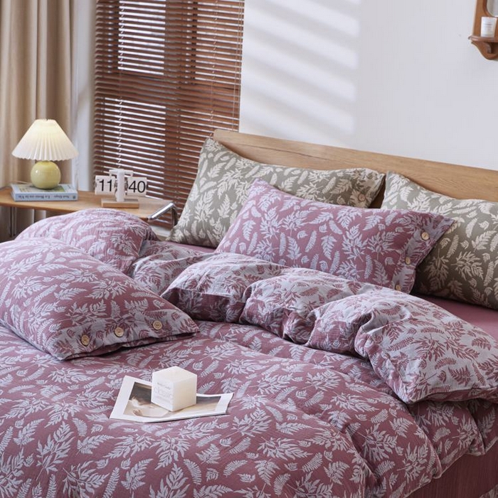 91家纺网 家纺一手货源 找家纺 2025新款全棉色织双层纱纽扣款四件套 扶苏-豆沙