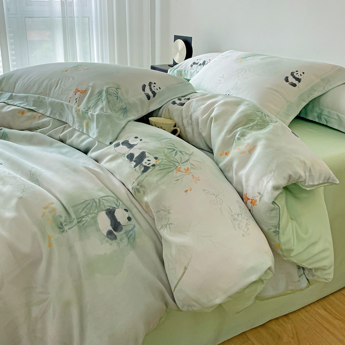 91家纺网 家纺一手货源 找家纺 棉生活家纺 2025新款天丝莱赛尔印花四件套 熊猫乐园