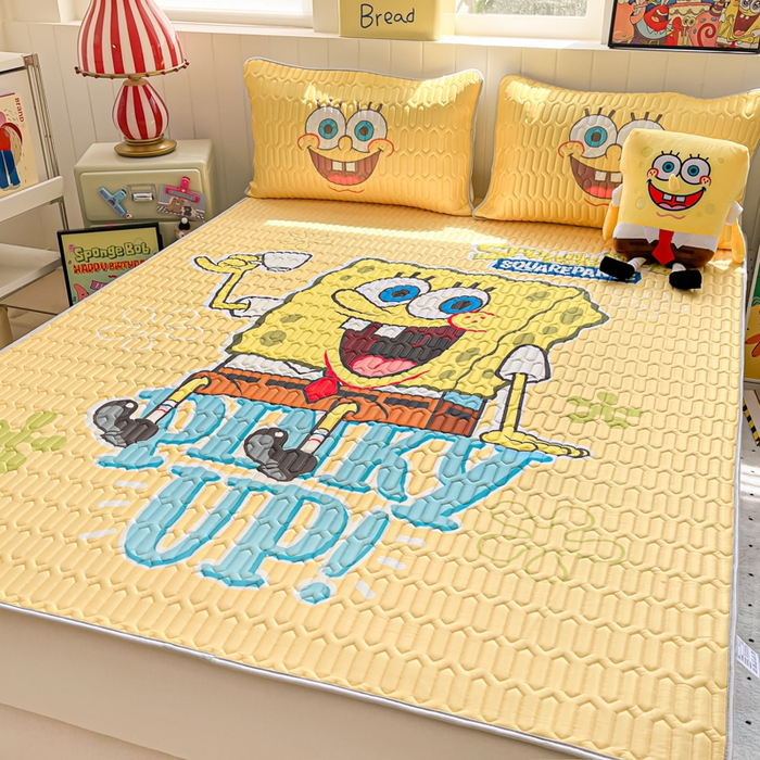 91家纺网 家纺一手货源 找家纺 金爱家 2025新款海绵宝宝乳胶凉席床席款凉席席子 床席款-咖啡海绵宝宝