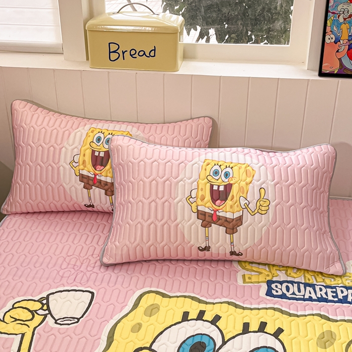 91家纺网 家纺一手货源 找家纺 金爱家 2025新款海绵宝宝乳胶凉席床席款凉席席子 床席款-爱喝海绵宝宝粉