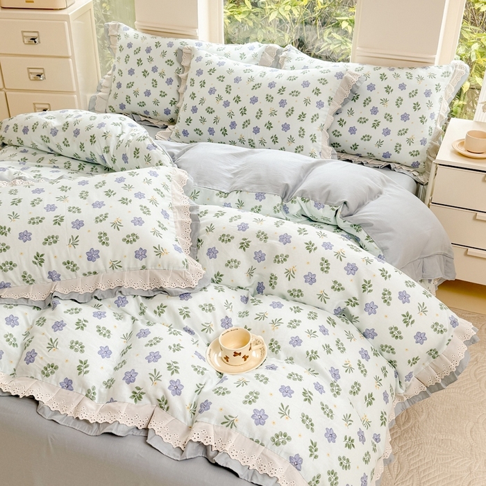 91家纺网 家纺一手货源 找家纺 晨晨家纺2025新款全棉双层花边双层纱四件套 浅浅花漾