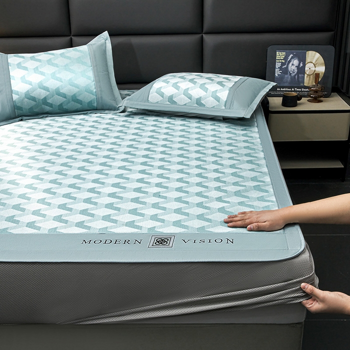 91家纺网 家纺一手货源 找家纺 全季家居 2025新款5A抗菌3D立体冰柔凉感冰丝席 菱形-水绿 床笠款