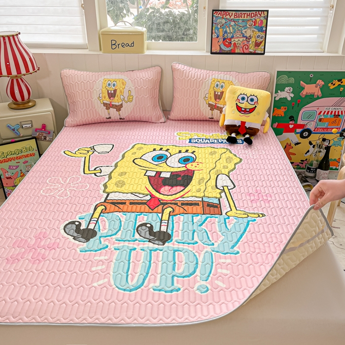 91家纺网 家纺一手货源 找家纺 金爱家 2025新款海绵宝宝乳胶凉席床席款凉席席子 床席款-爱喝海绵宝宝粉