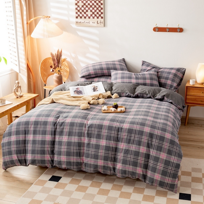 91家纺网 家纺一手货源 找家纺 2025新款A类色织水洗棉单被套 灰粉格