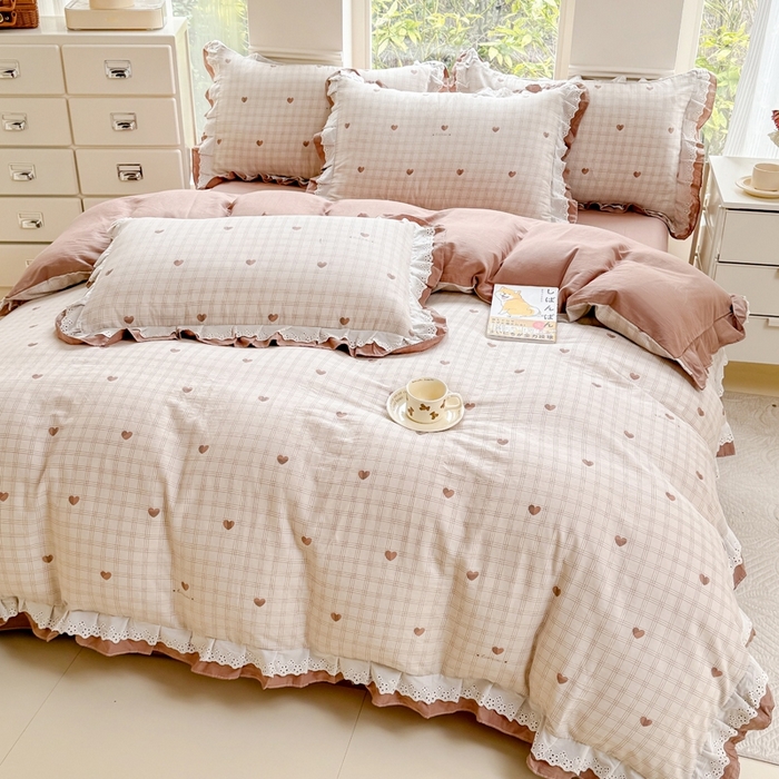 91家纺网 家纺一手货源 找家纺 晨晨家纺2025新款全棉双层花边双层纱四件套 心动-咖