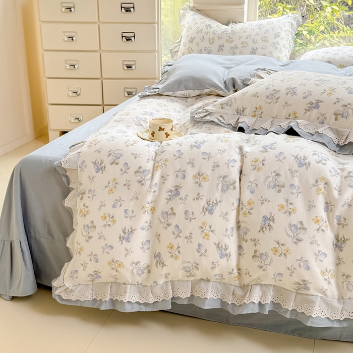 91家纺网 家纺一手货源 找家纺 晨晨家纺2025新款全棉双层花边双层纱四件套 伊甸园之梦-蓝