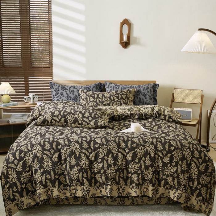 91家纺网 家纺一手货源 找家纺 2025新款全棉色织双层纱纽扣款四件套 扶苏-深咖