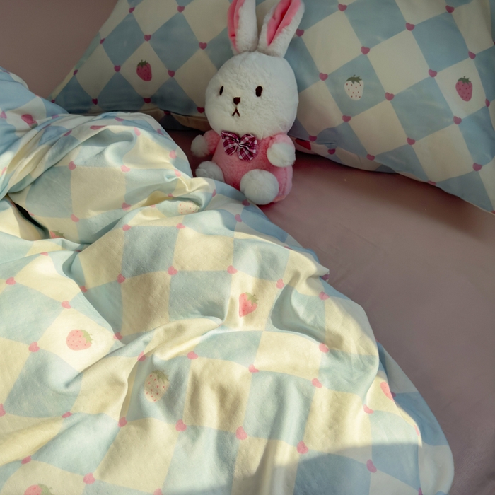 91家纺网 家纺一手货源 找家纺 塔塔家居  2025新款全棉纯棉双层纱被套单品单被套被套单件 草莓酱·蓝