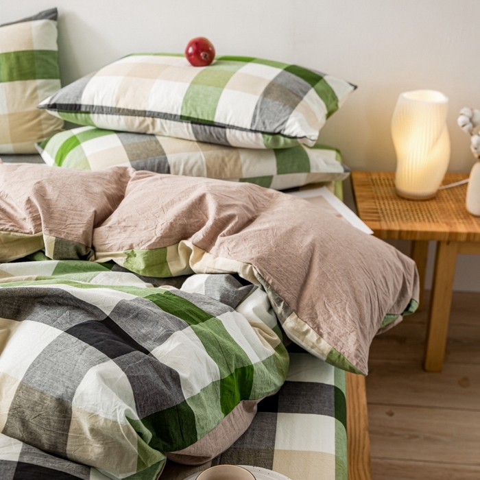 91家纺网 家纺一手货源 找家纺 2025新款A类色织水洗棉单被套 海青鲜绿格