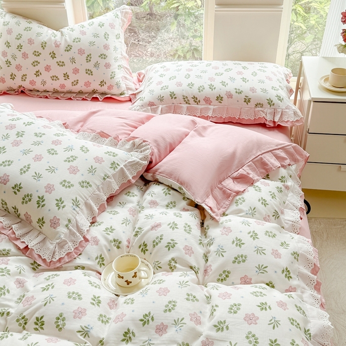 91家纺网 家纺一手货源 找家纺 晨晨家纺2025新款全棉双层花边双层纱四件套 絮语